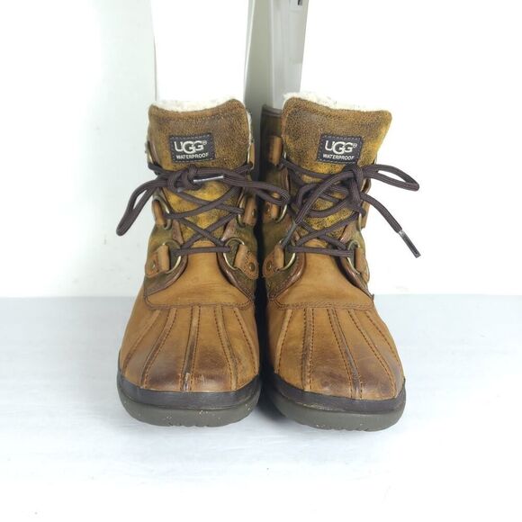UGG Women's Cecile US 8 Brown Leather Waterproof Sheepskin Lined Duck Boots - Picture 3 of 15